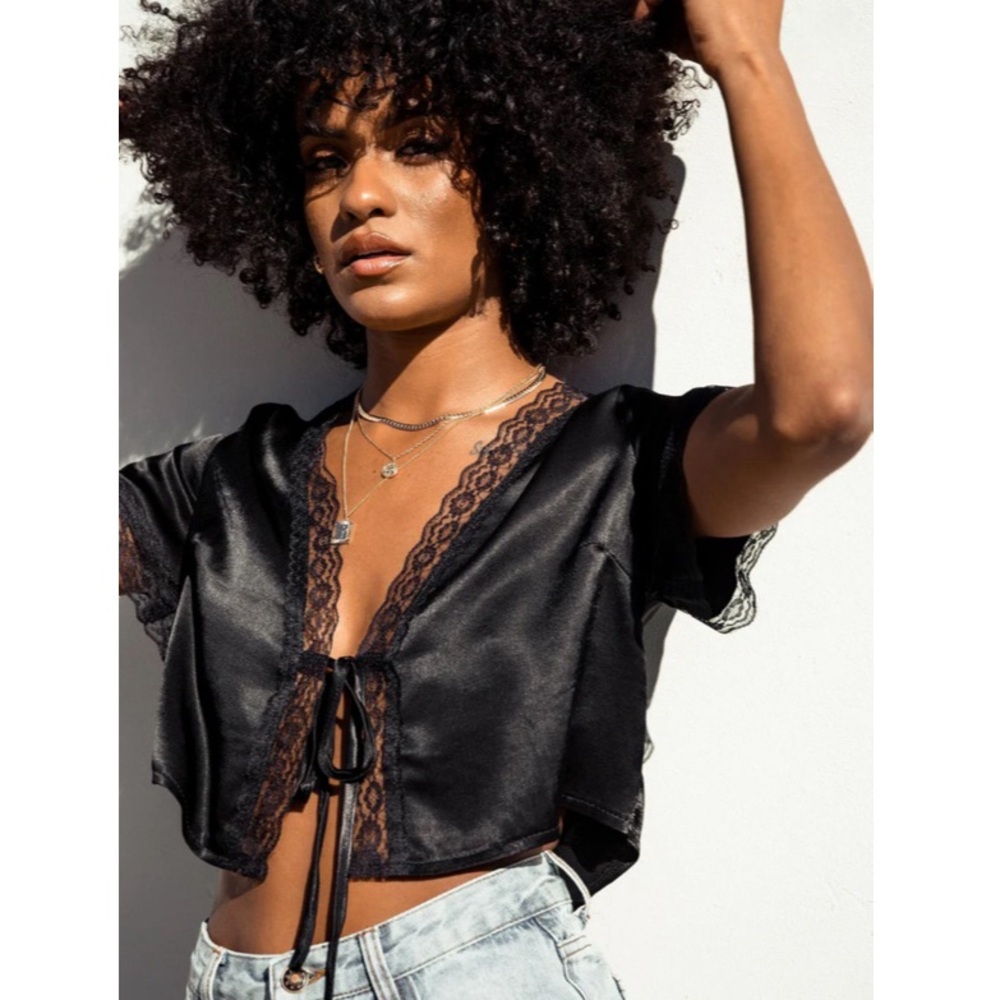 Princess Polly Vintage Black Lace Trim Tie Up Top